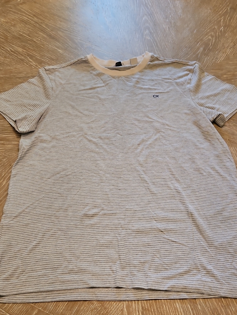 Calvin Klein Light Gray & White Striped Crew Neck Tee